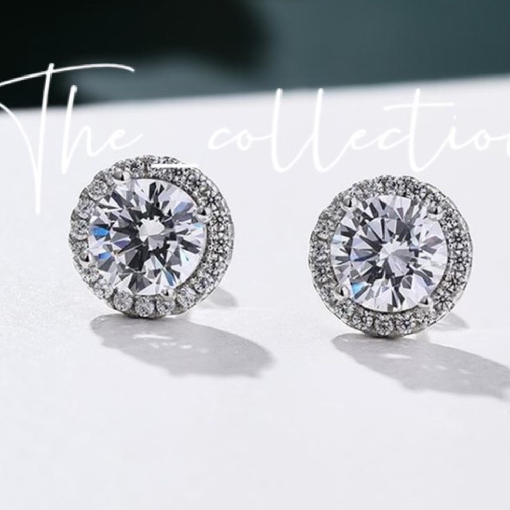 STERLING SILVER CLASSIC HALO ROUND CUT EARRINGS - Picture 2 of 3